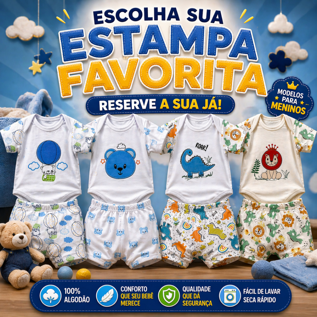 Detalhes do Body Com Tapa Fraldas Conjunto Bebê Menino em Malha Suedine 100% Algodão Macio Confortável Bordado