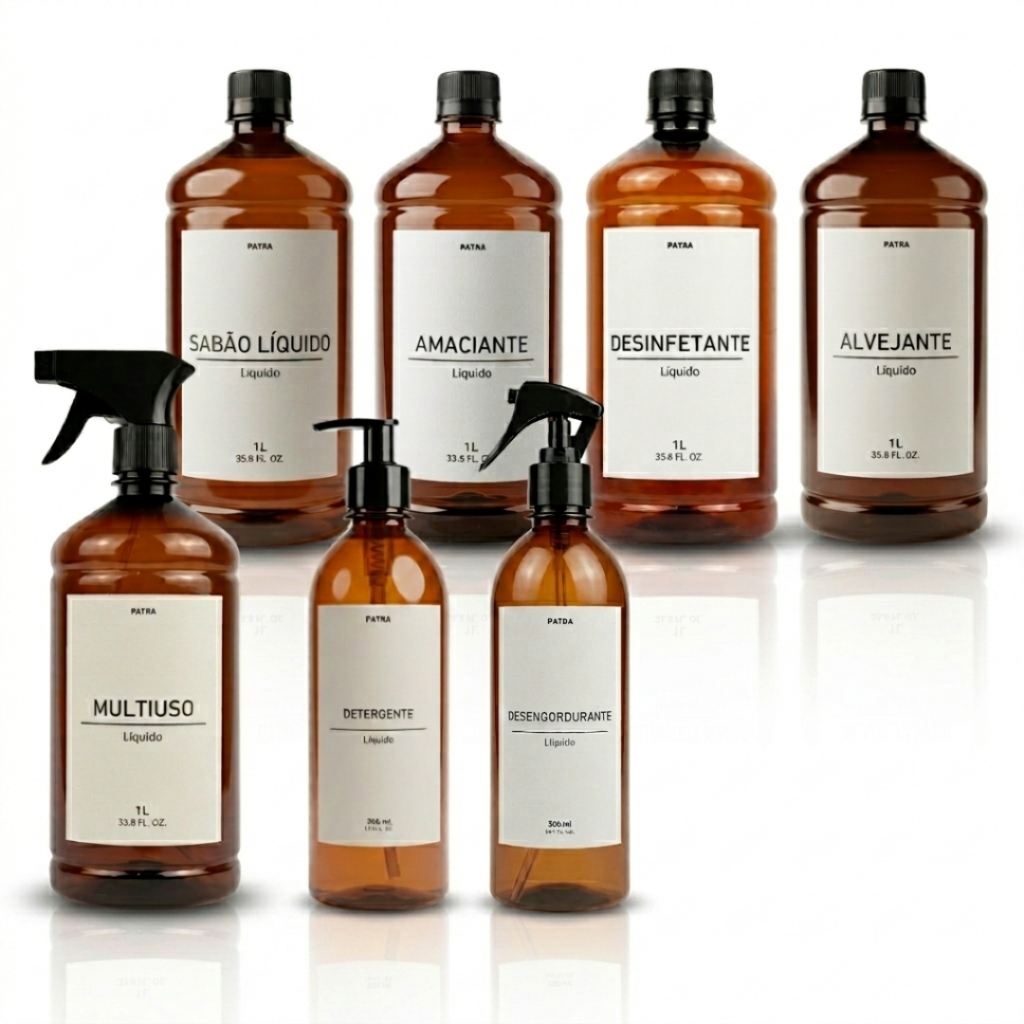 Kit 7 Frascos Âmbar Lavanderia e Cozinha 1L + 500ml Sabão, Amaciante, Multiuso, Detergente PATRA