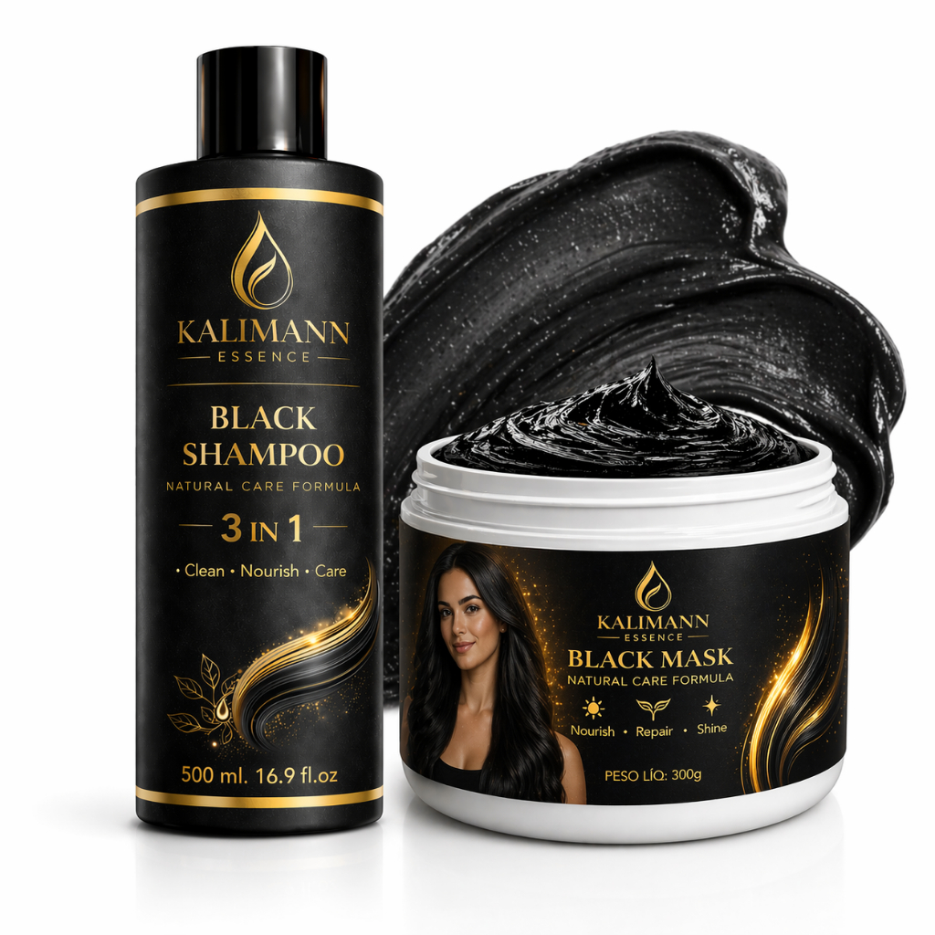 Máscara Tonalizante Black 300g + Shampoo Escurecedor Preto 3 em 1 Black Hair Dye 500ml Kalimann