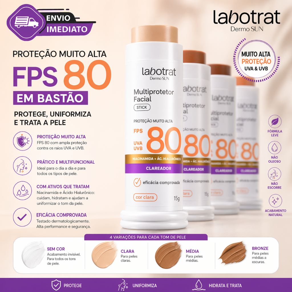 Protetor Solar Facial Clareador FPS80 Com Base Stick Bastão 15g Efeito Matte Labotrat Envio Imediato
