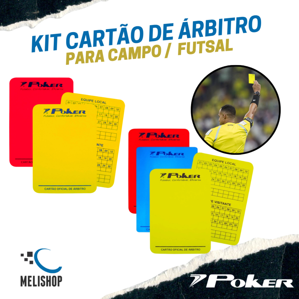 Kit Cartão de Árbitro Poker Futebol e Futsal Amarelo, Vermelho e Azul PVC Flexível