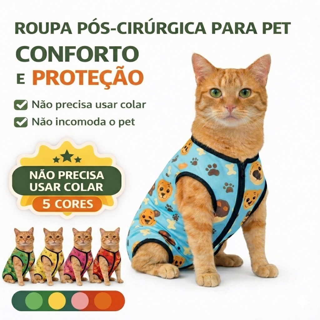 Roupa Pós-Cirúrgica Pet Gato| Substitui Colar Elizabetano | Confortável, Proteção Total | 5 Cores