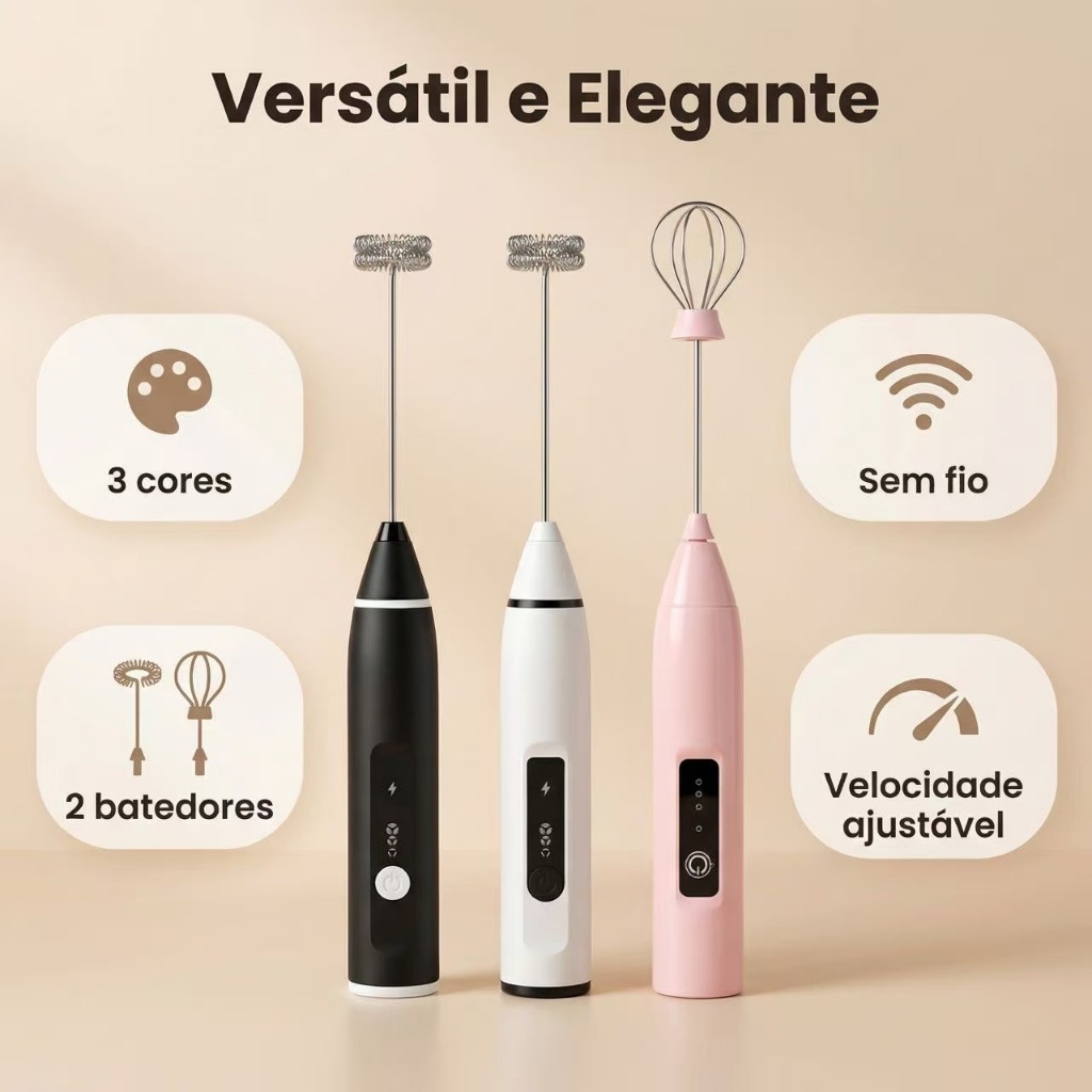 Mini Mixer Elétrico Portátil USB com 2 Batedores Misturador de Café Leite e Bebidas