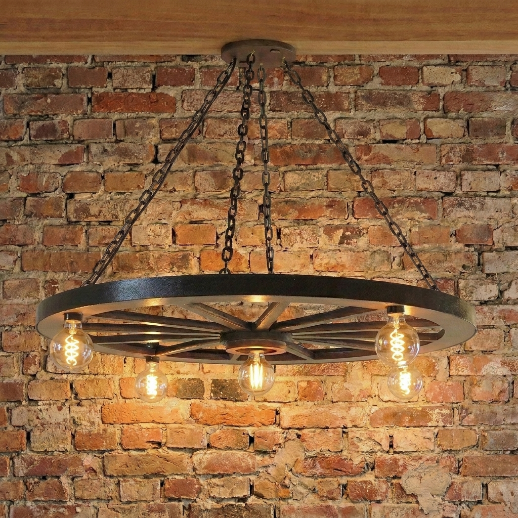 Luminária Rustica Roda de Carroça De Madeira Decoração Industrial Lustre Pendente Bivolt Bocal E-27