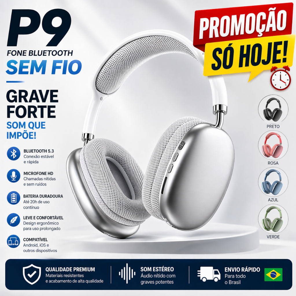 Fone Bluetooth P9 Sem Fio Headphone | Com Microfone | Grave Forte | Android iOS | Dobrável