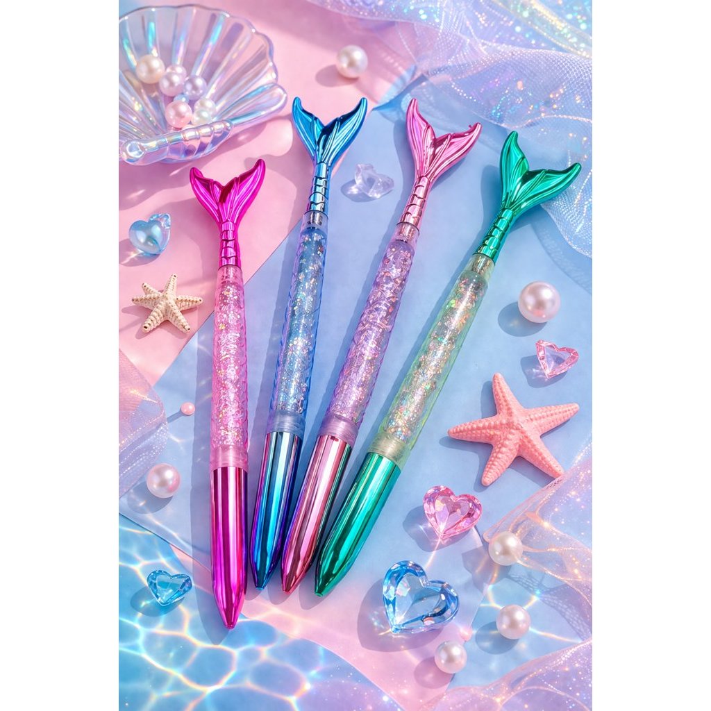 Caneta Sereia com Glitter Gel Preta Fofa Criativa Escolar Escrita Macia
