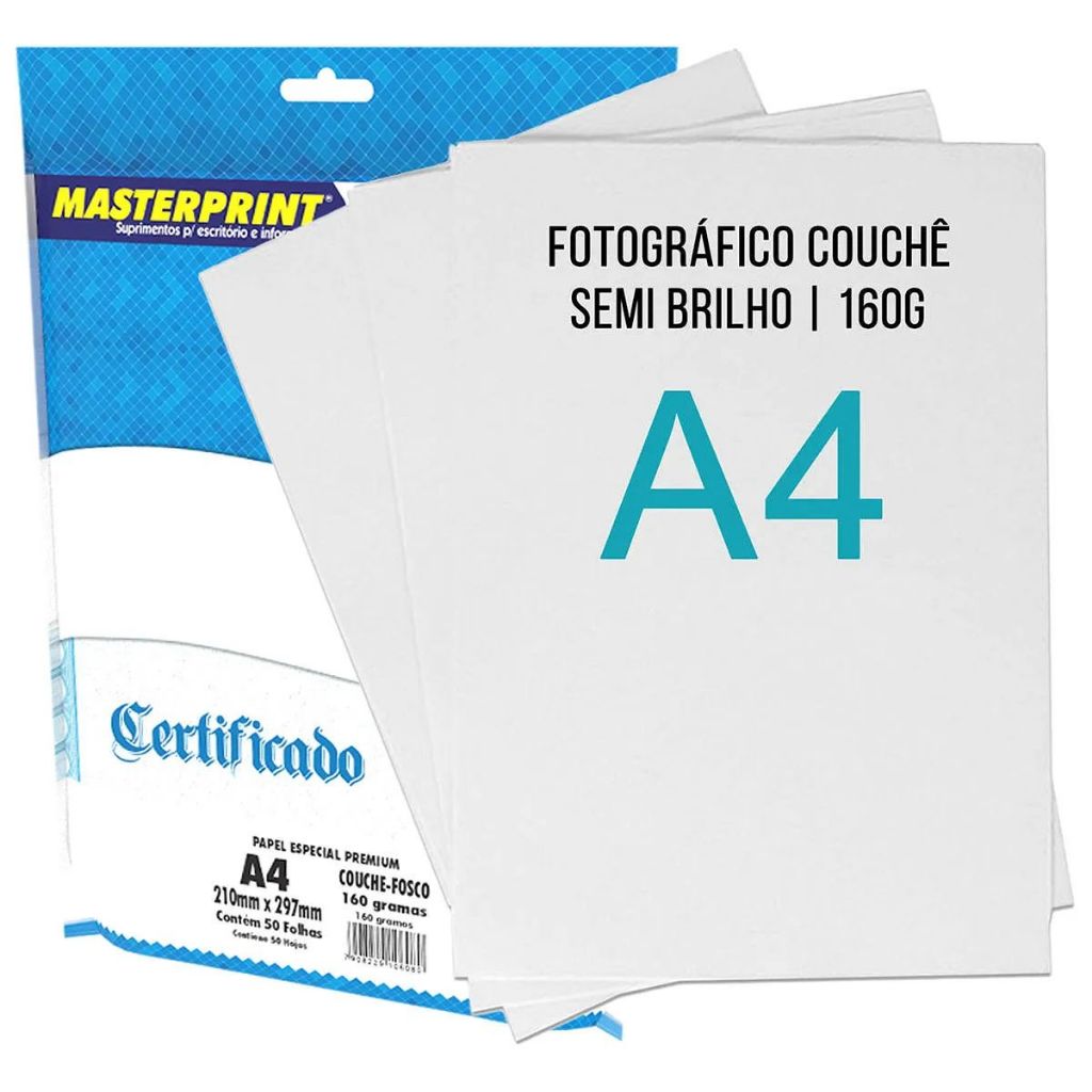 Papel Couche 160g A4 Semi Brilho para Impressora Laser Pacote com 100 Folhas Masterprint
