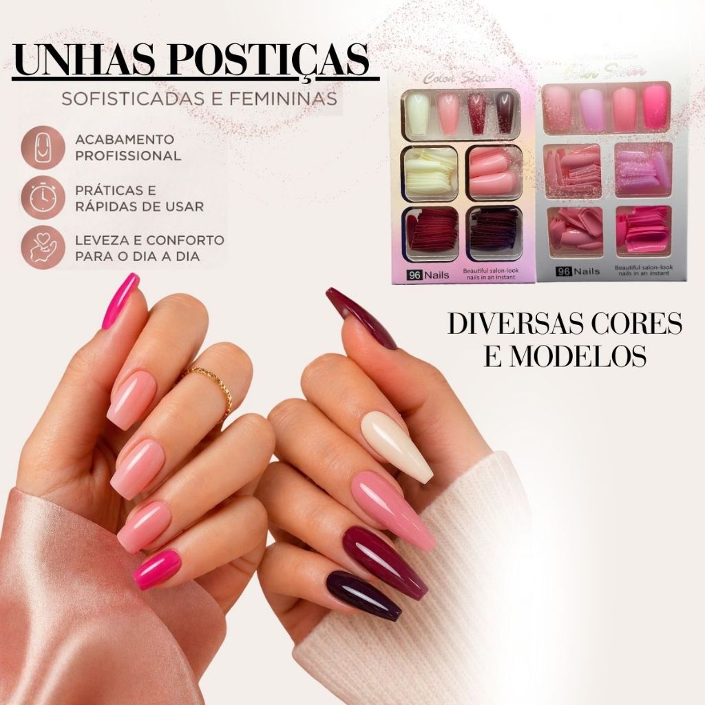 Unhas Postiças Bailarina Quadrada Kit Com 96/288/480 pçs 4 cores Unhas Realista Fashion Unha Postiça
