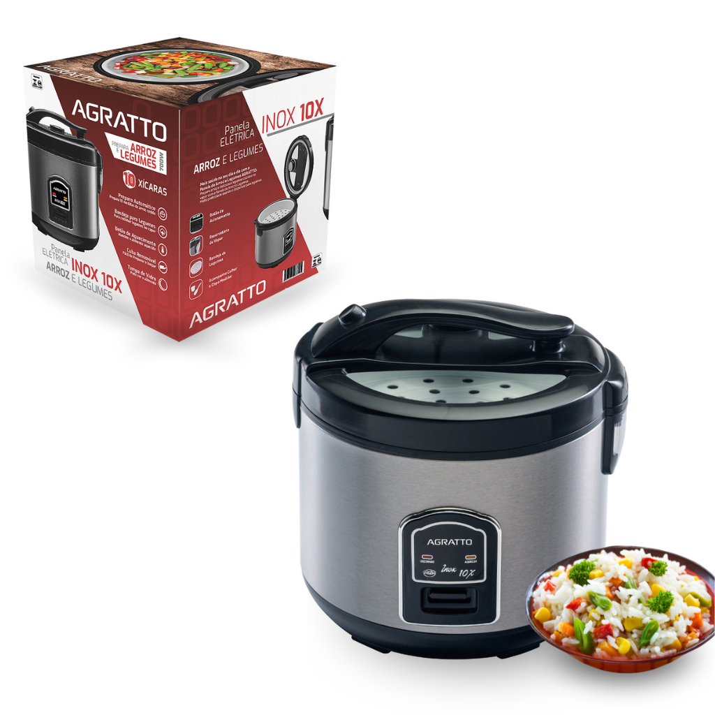 Panela Elétrica De Arroz Inox Agratto Tampa Vidro 10 Xicaras 6 Xicaras Transparente Moderna Eletro