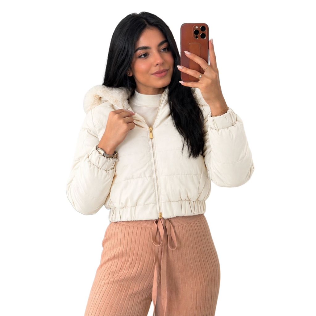 Detalhes do Jaqueta Puffer Feminina Cropped Nylon com Capuz Peluciado Tendência Inverno