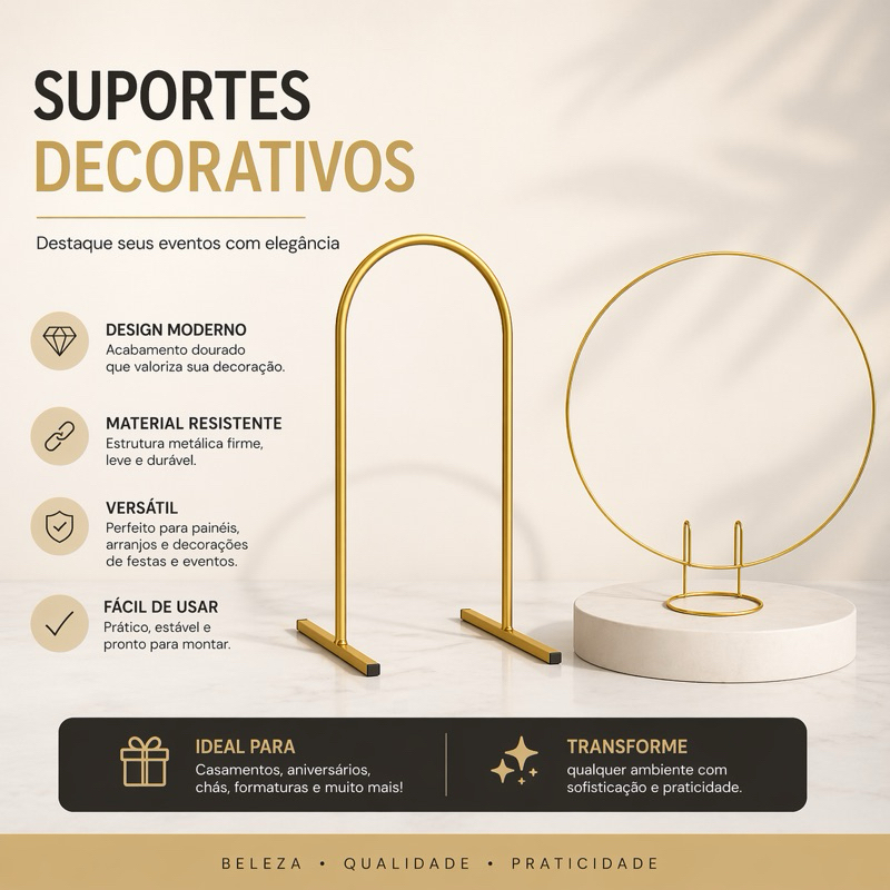 Kit 2 Mini Arcos Decorativos Dourado Arco Romano + Arco Redondo para Festa e Mesa de Aniversário