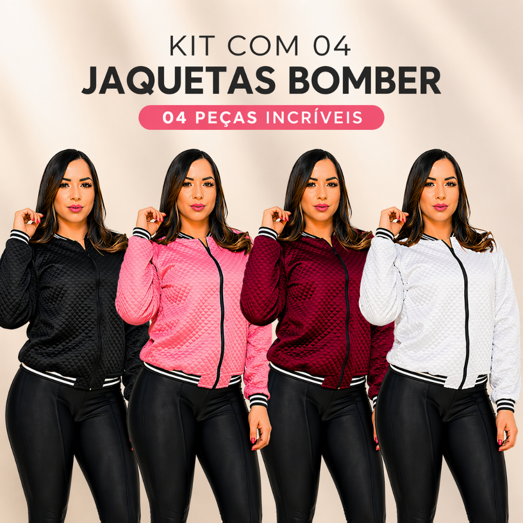 Kit com 04 Jaquetas Bomber Feminina Matelassê com Zíper Casual Inverno Outono Moda Blogueira Premium