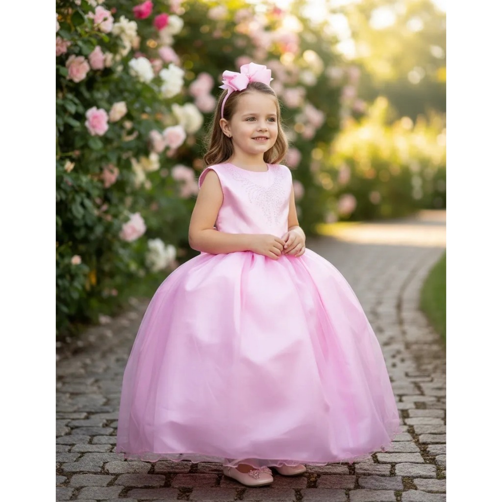 Vestido Longo Larissa Rosa Bebe Marie Festa Daminhas