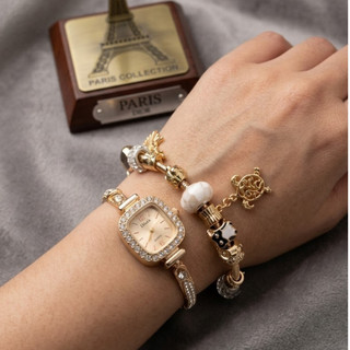 Kit Relógio Feminino Luxo Cravejado Strass + Pulseira Berloque Tartaruga Dourada