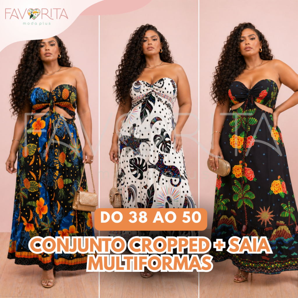 Conjunto Plus Size Vestido 3 em 1 Tomara que Caia Multiformas Estampa Tropical Tendência Verão Chique