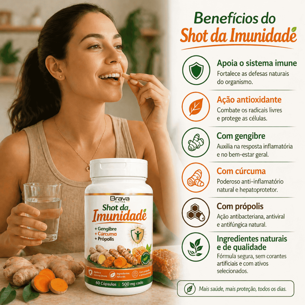 Shot da Imunidade Brava Nutra 60 Cápsulas 500mg Gengibre Cúrcuma Própolis | Envio Imediato