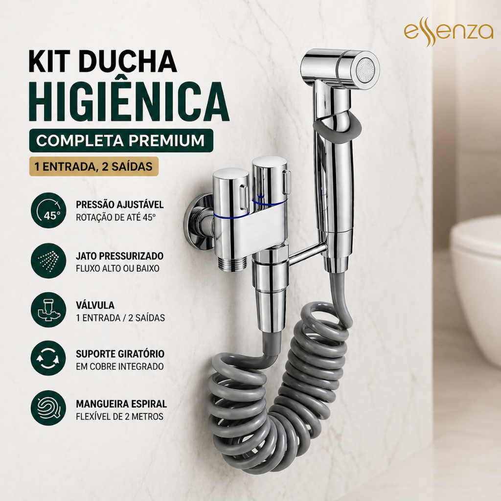 Kit Ducha Higiênica 2 Saídas Banheiro Cromada C/ Registro Mangueira Espiral 2m ESSENZA