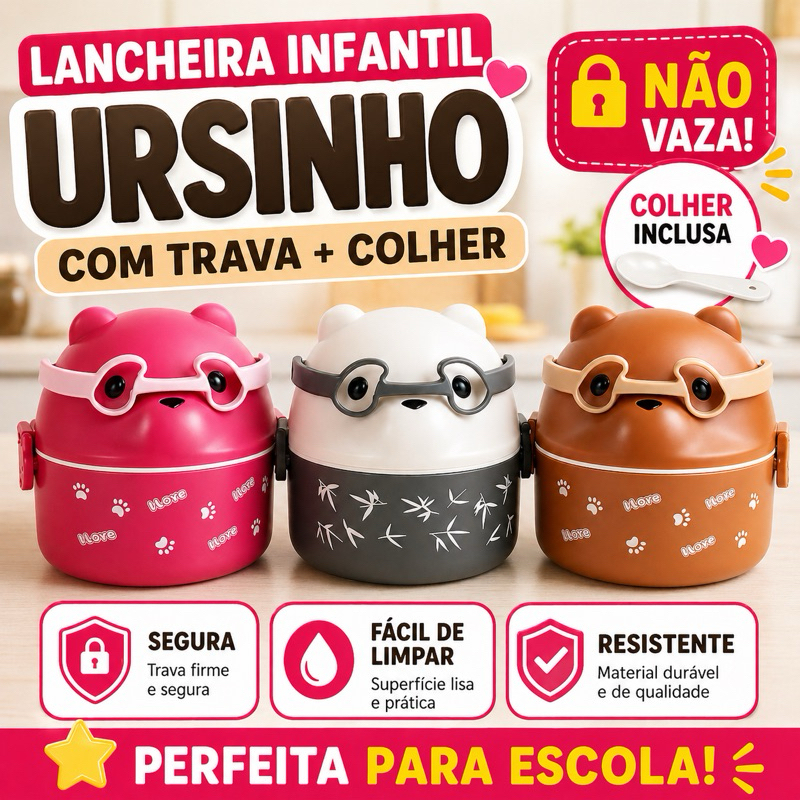 Lancheira Infantil Escolar Ursinho de Oculos com Trava + Colher