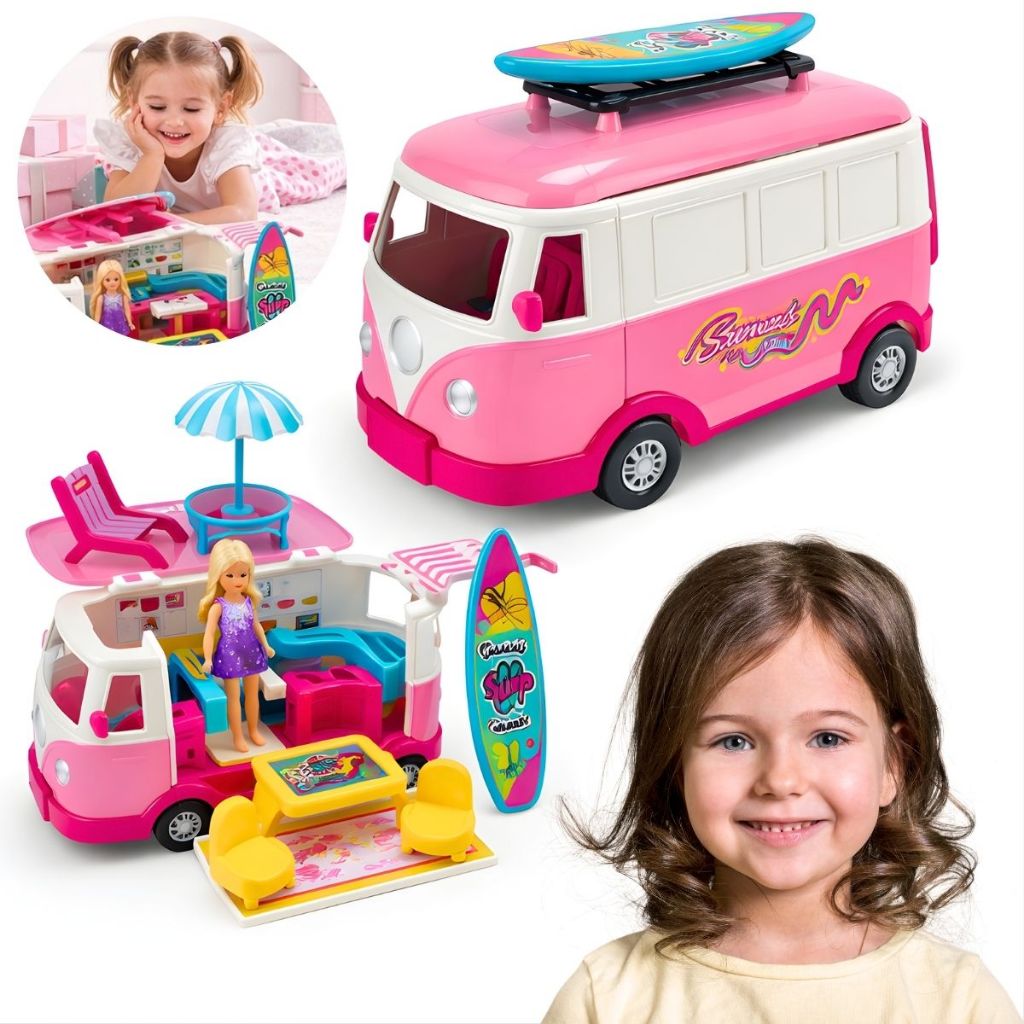 Brinquedo Carrinho De Boneca Rosa de Menina Com Boneca e Acessórios Kombi Rosa Travel Holiday