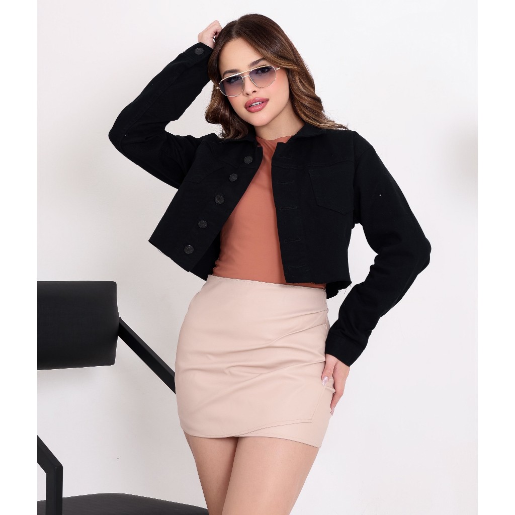 Jaqueta jeans brim preta juvenil para meninas com barra cortada tecido 100% algodão macio