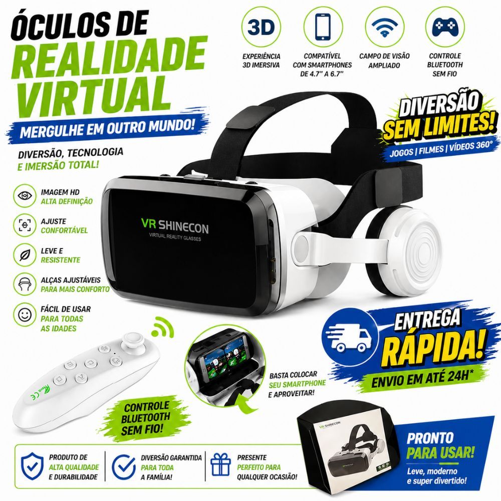 Óculos VR Realidade Virtual 3D Com Fone de Ouvido e Controle Remoto