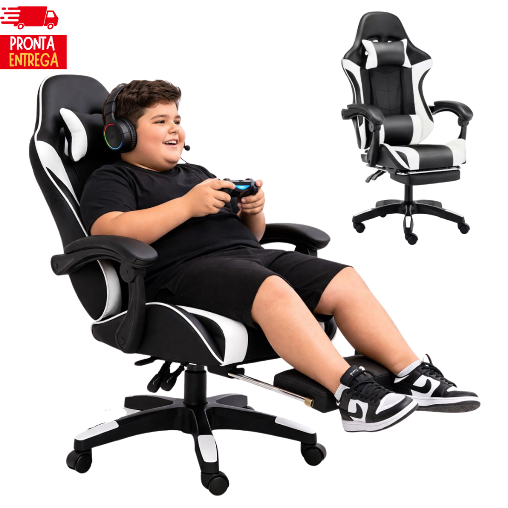Cadeira Gamer Reforçada até 130kg Reclinável com Apoio para os Pés resistente ergônomica