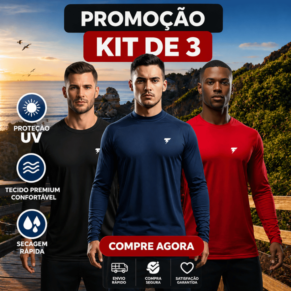 Kit 3 Camisas Segunda Pele com Proteção Uv+50 Unissex Esportes e Atividades ao Ar Livre