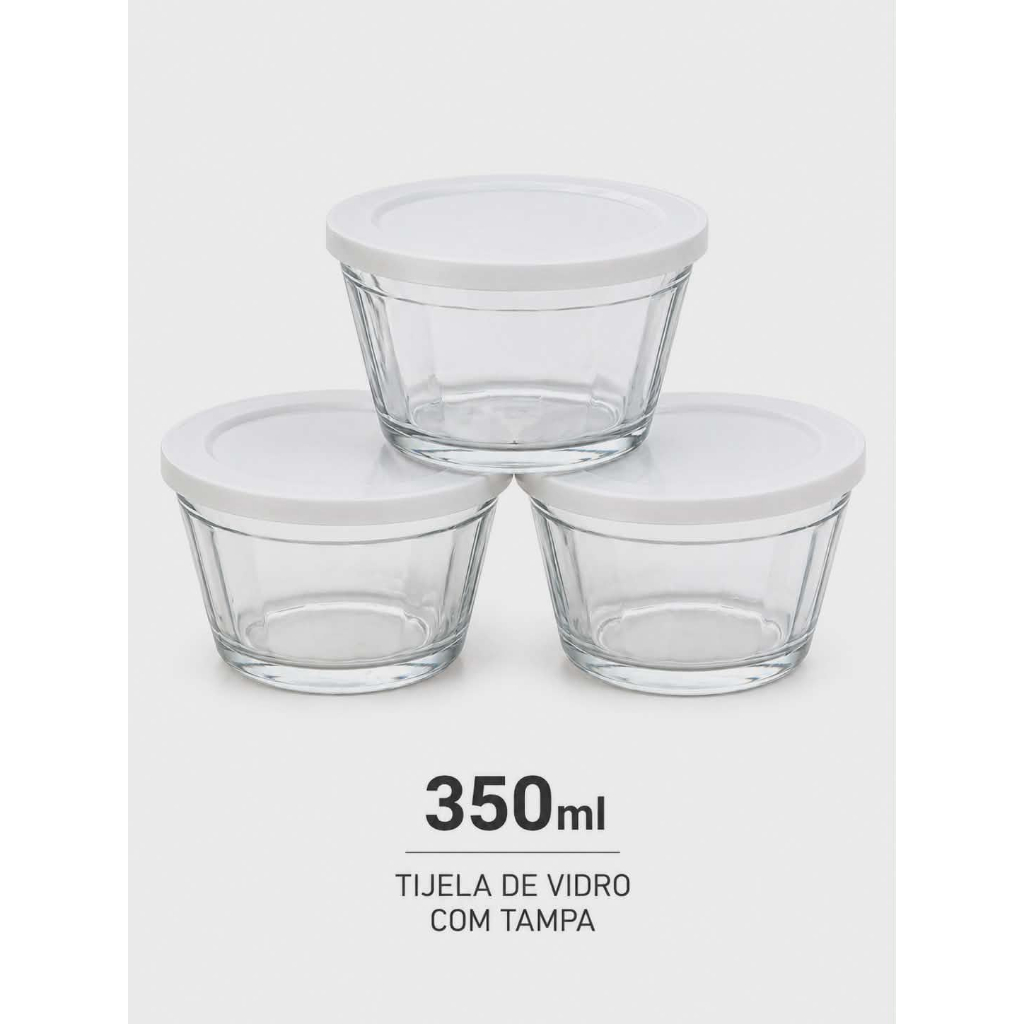 Kit 3 tigelas de vidro com tampa 350ml sortidas.