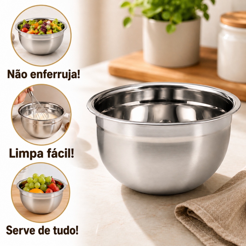 Tigela Aco Inox 24cm Multiuso Resistente Utensilio Aço Profissional Cozinha Achadinhos Saladeira