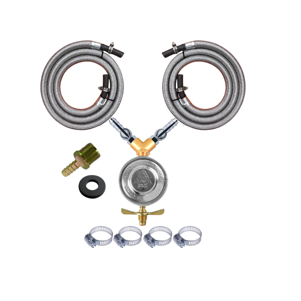 kit regulador 504/01 duplo + 02 mangueira flex 1,50 + bico espigao + anel