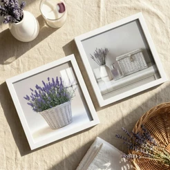 Kit 2 Quadros Decorativos 18x18 Flores Lavanda Lilás Provençal Moldura Vidro Sala Quarto Banheiro