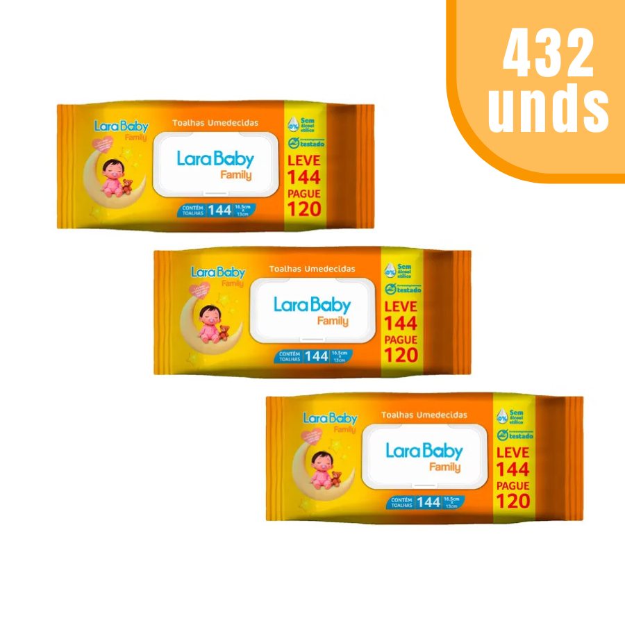 Kit Com 3 Toalhas Umedecidas Lara Baby Family Total 432 Unidades