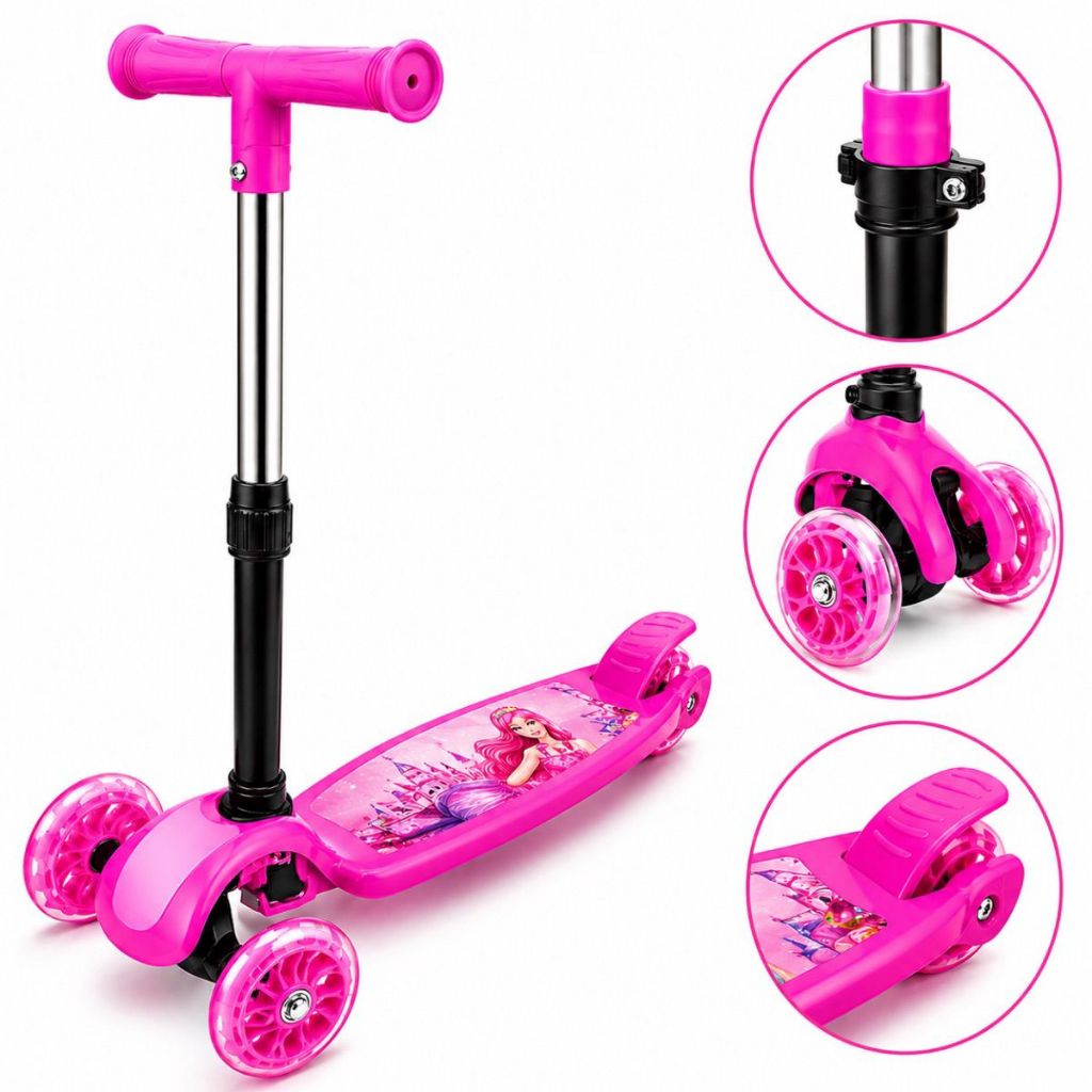Patinete Infantil Rosa 3 Rodas Dobrável Ajustável Com Led Seguro