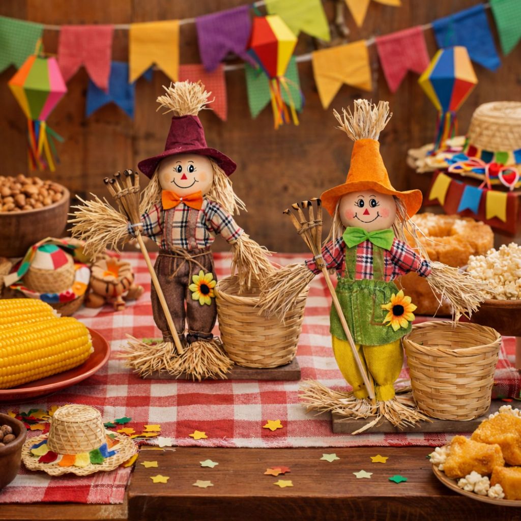 Espantalho com Cesto Enfeite de Mesa Festa Junina Casal Quermesse Palha Arraiá Decoração Julina
