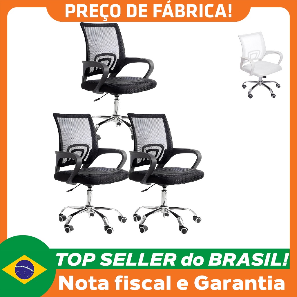 Kit 3 Cadeiras de Escritório Mesh Assento Estofado Base Giratória 9050