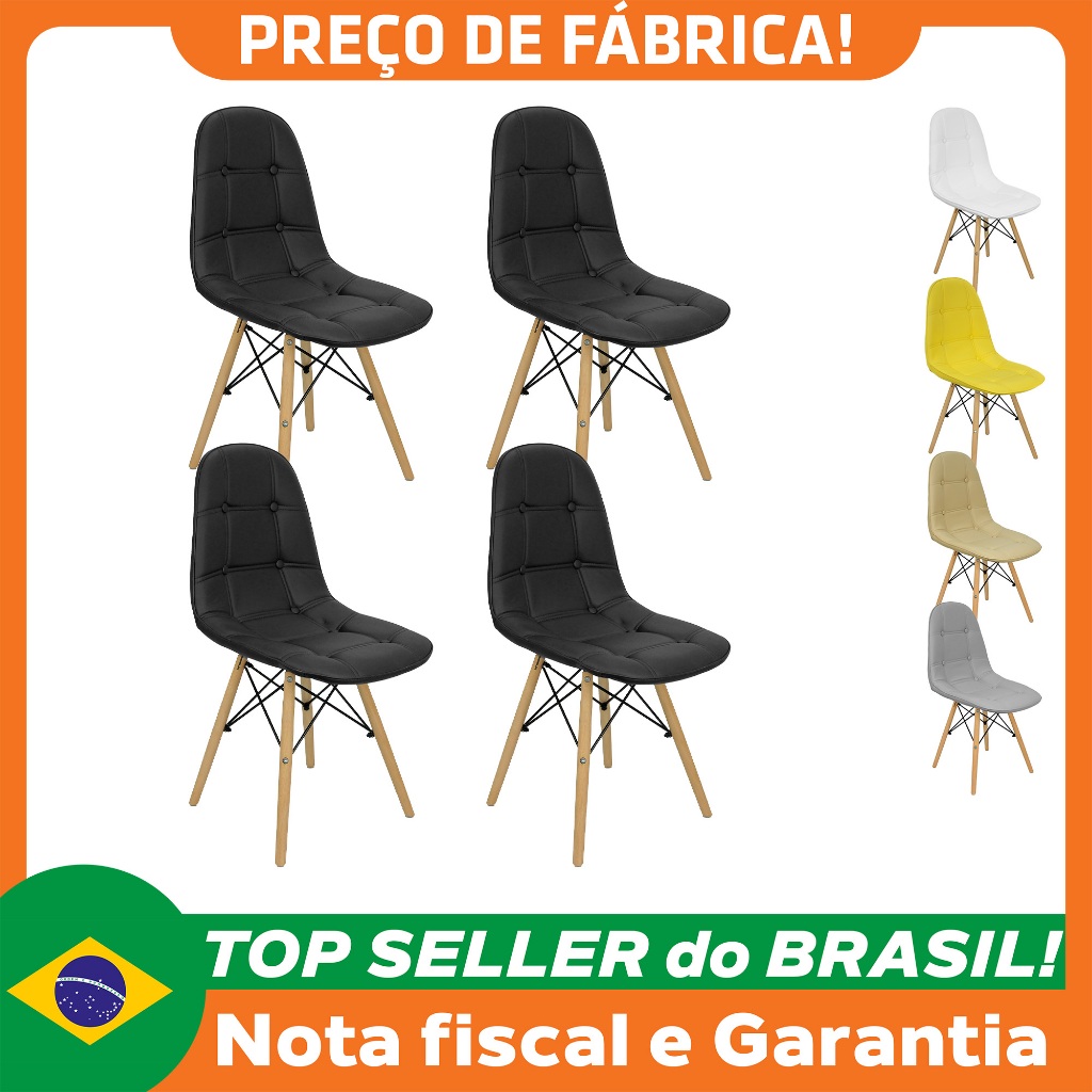Kit 4 Cadeiras Charles Eames Botonê Eiffel Wood Estofada Couro