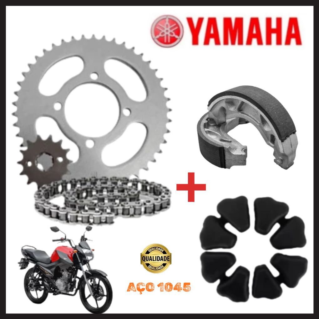 Kit Relação /Transmissão/Tração/YBR 125 + Coxim Da Coroa + Patins Lona De Freio ANO 2000 Até 2012