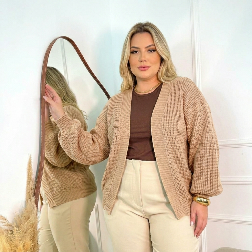 Cardigan Plus Size Feminino Blusa de Tricot Casaco Curto de Tricô Moda Inverno Manga Bufante Frio