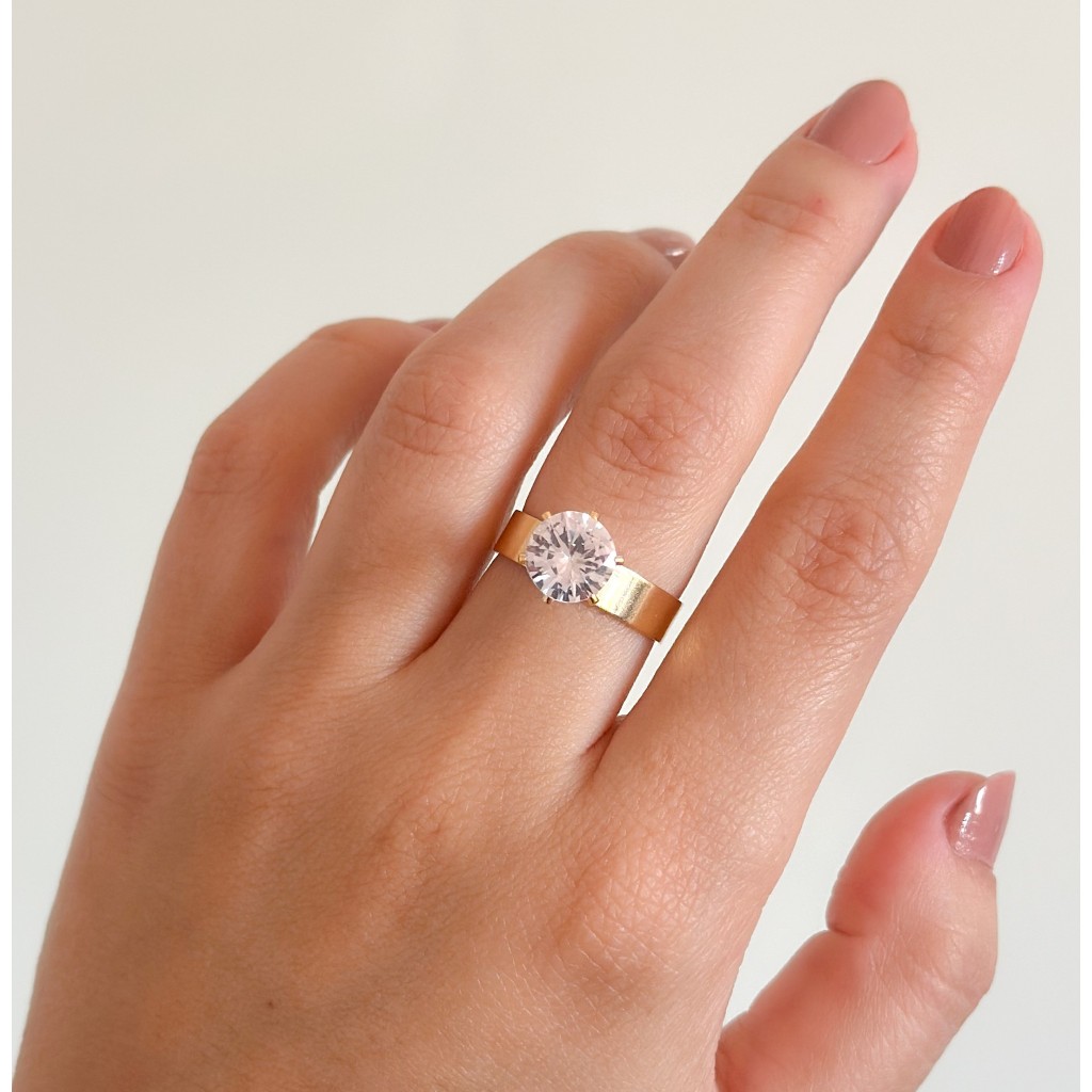 Anel Solitário Pedra de Zircônia Feminino Ajustável Banhado em Ouro 18K Virgínia