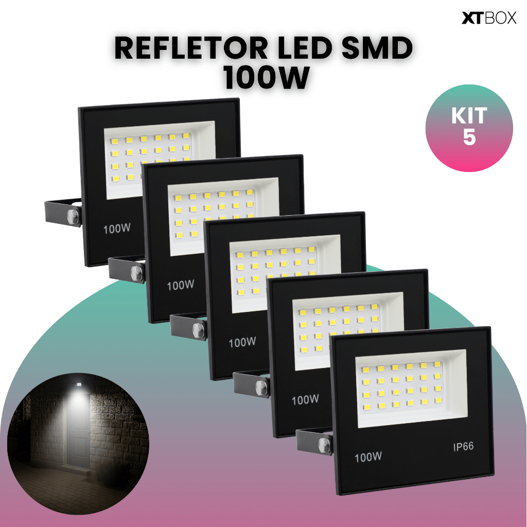 Kit 5 Refletor Led 100w Holofote Prova D'água Bivolt Luz Branco Frio