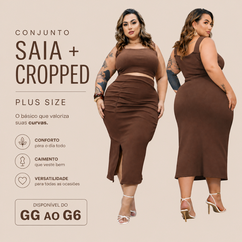 Conjunto Saia e Cropped Plus Size Feminino G1 ao G6 Moda Casual Tendência