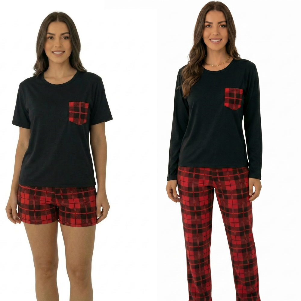 Pijama Feminino Xadrez Conjunto Verão Inverno Roupa de Dormir Feminina Confortável Oferta