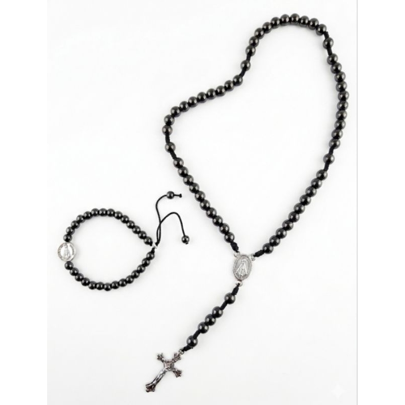 Terço Nossa Senhora Aparecida Hematita Preto + Pulseira Kit Religioso Proteção Fé Presente