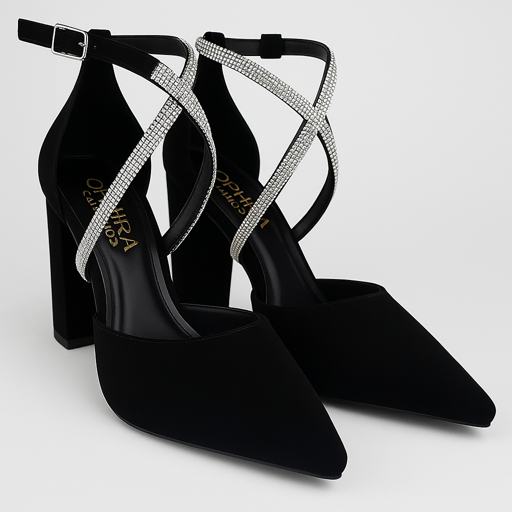 Detalhes do Sapato Scarpin Feminino Salto Bloco Bico Fino Strass Brilhante
