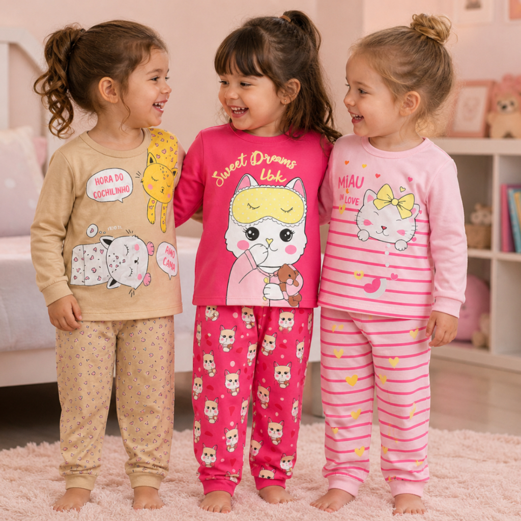 Kit pijama infantil frio estampado 2 conjuntos manga longa inverno calça e blusa menina criança