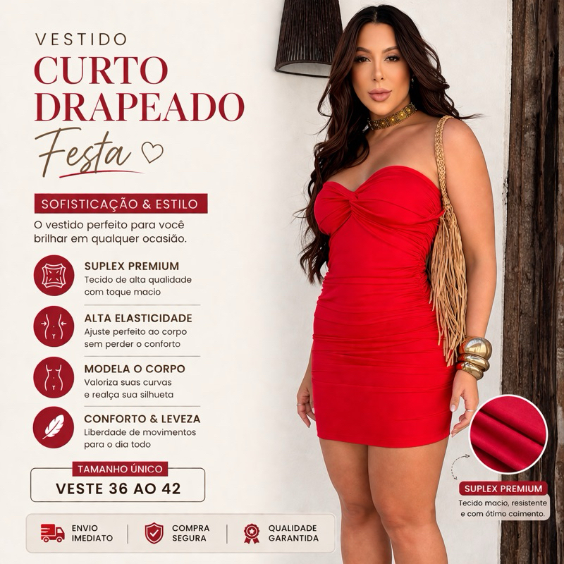 Vestido Curto Drapeado Tomara que Caia Festa Balada Premium Encorpado