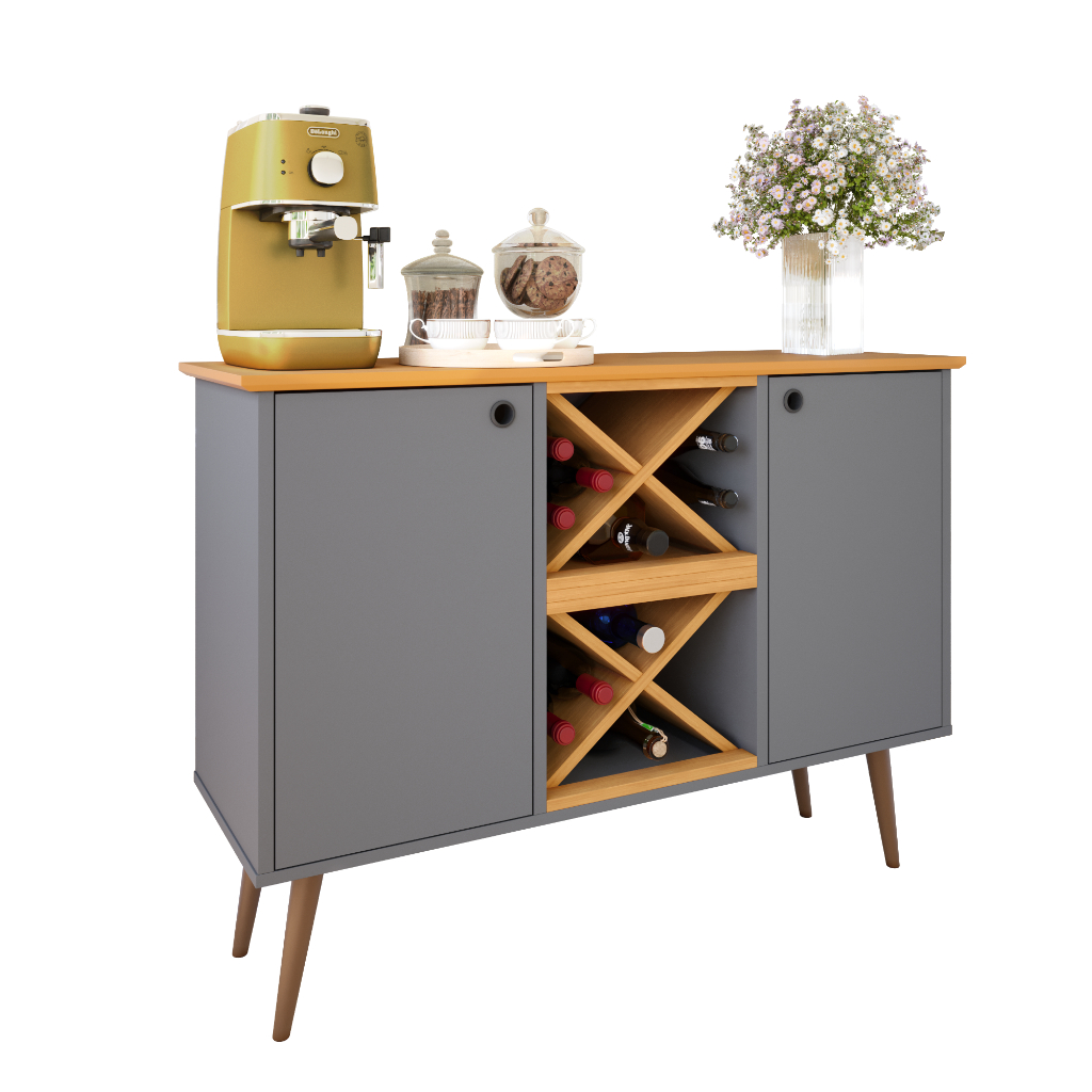 Buffet Aparador Adega Elegance Balcão Retro 2 Portas Bar Café Adega 12 Garrafas Pês Palito Cinza / Cinamomo - Kaviga