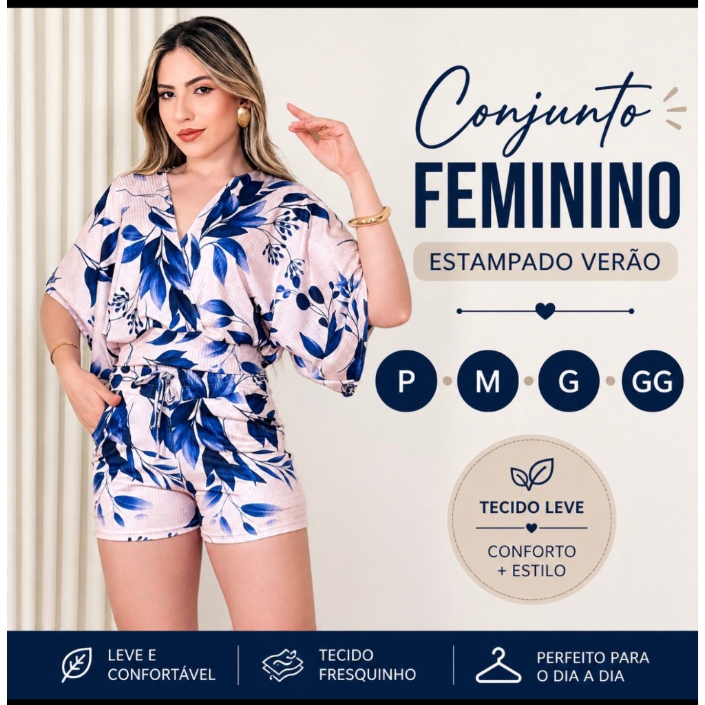 Conjunto Feminino Estampado Verão Short e Blusa Canelada Confortável Moda  P. M . G