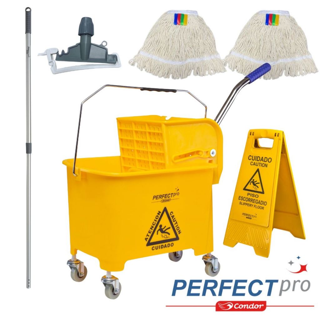 Carrinho Mop de Limpeza Balde 20L Carro Esfregão Espremedor Perfect Pro 974383 + 1 Refil Extra 972388