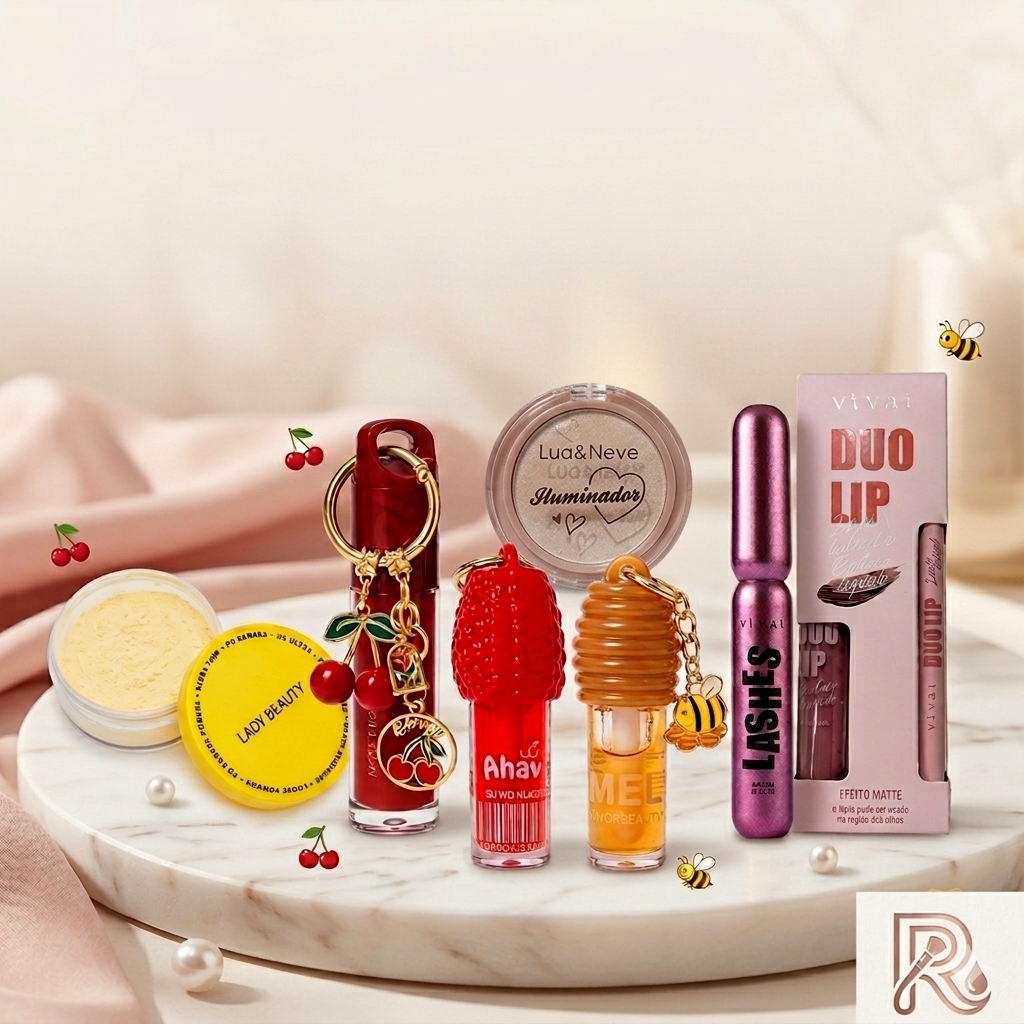 Maquiagem Escolha a Sua - Pó Banana, Gloss Chaveiro Viral, Iluminador, Batom Duo Matte Vivai ou Máscara para Cílios